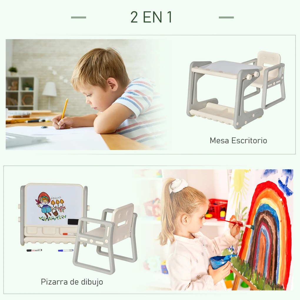 HOMCOM 2 em 1 Mesa Infantil com Quadro Negro Conjunto de Mesa Conversível e Cadeira para Crianças acima de 12 Meses com 3 Marcadores e 1 Borracha 65x48x66,7 cm Cinza e Branco