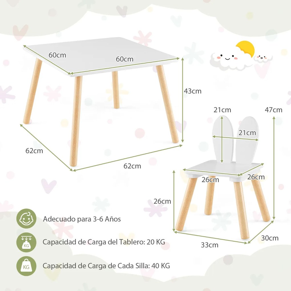 Conjunto de mesa e cadeiras para crianças 2 cadeiras desenho coelhos Pernas de madeira Branco