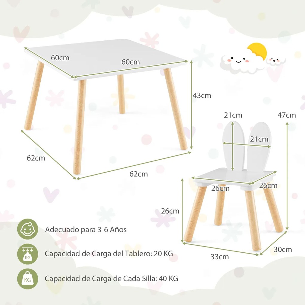 Conjunto de mesa e cadeiras para crianças, mesa quadrada, 2 cadeiras, pernas de madeira, economiza espaço, conjunto de móveis multifuncionais para crianças, branco