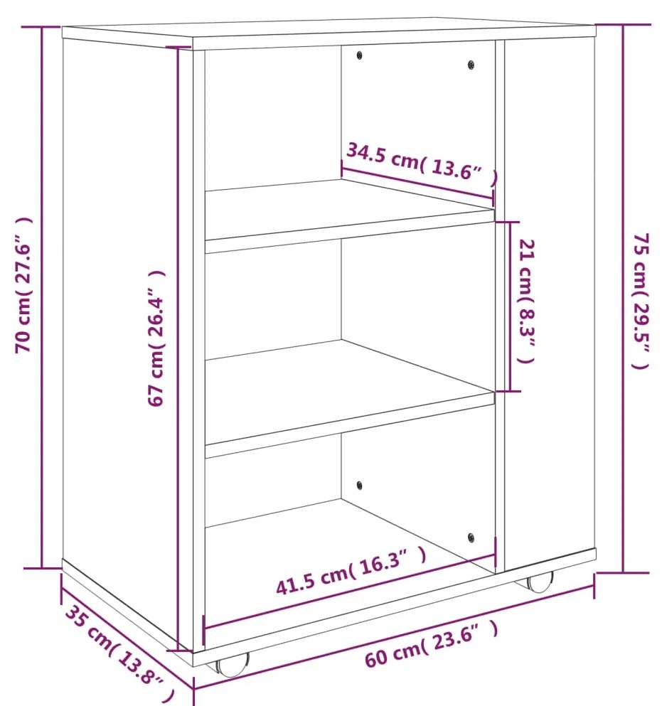 Móvel com rodas 60x35x75 cm derivados de madeira sonoma cinza