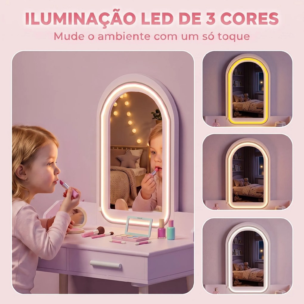 Toucador Infantil para Menina com Espelho LED de 3 Cores, Banco e 2 Gavetas, 3-8 Anos, Rosa