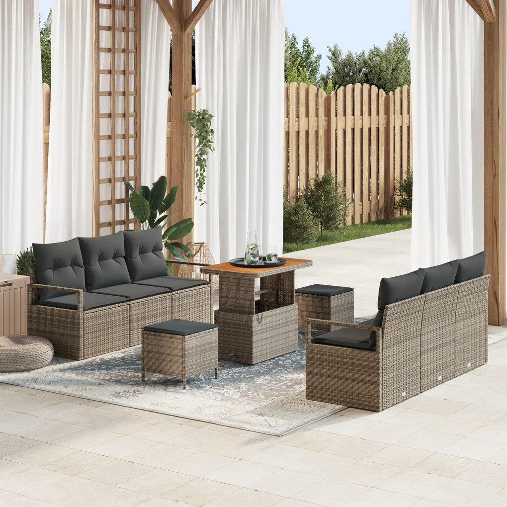 Conjunto de Sofá de Jardim vidaXL de 9 Peças com Almofadas Cinza Rattan Sintético Acácia