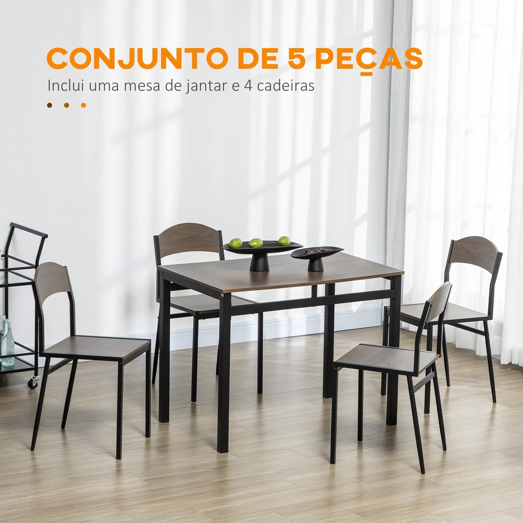 Conjunto de Mesa e Cadeiras de Refeição Mesa de Cozinha Retangular com 4 Cadeiras Estilo Moderno Castanho Escuro e Preto
