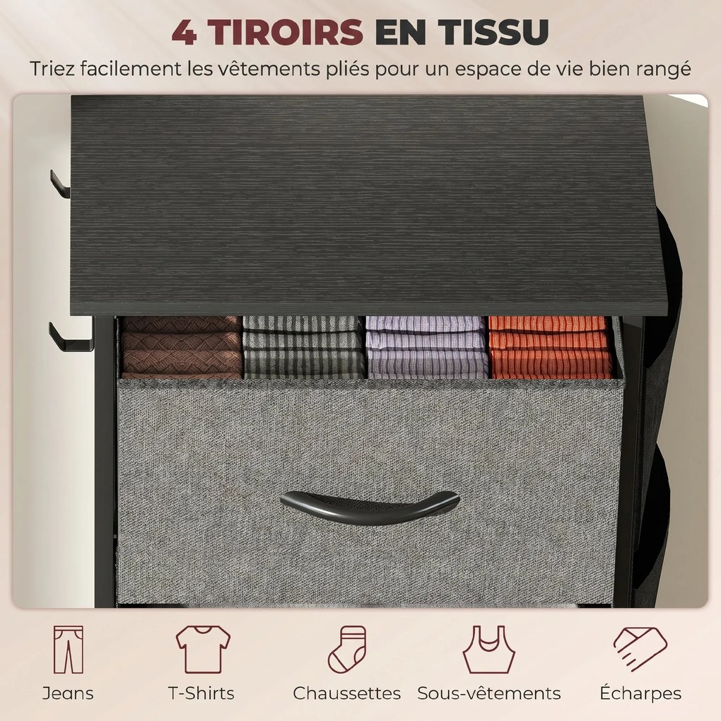 Cómoda com 4 gavetas em tecido 45 L x 30 P x 94,5 A cm, móvel de arrumação com 4 bolsos, 2 ganchos, estrutura em aço, cinzento