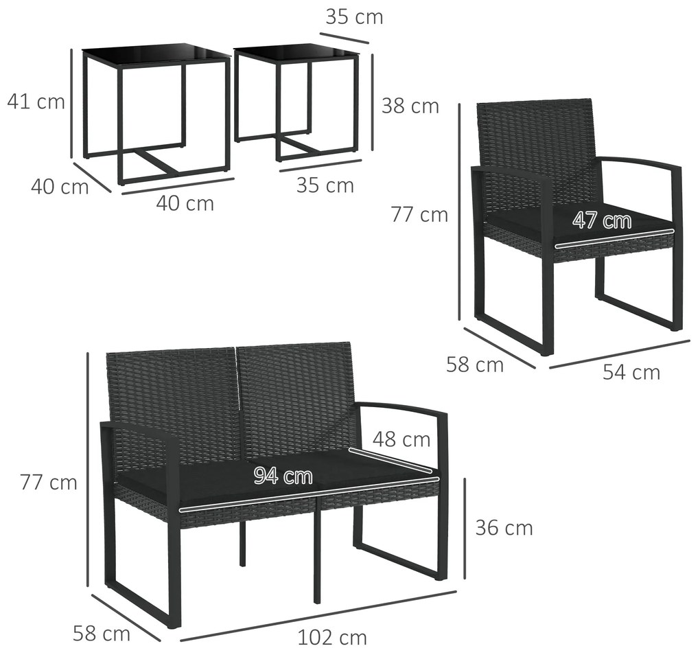 Conjunto Móveis de Jardim de Vime Sintético com 2 Poltronas Individuais 1 Sofá Duplo e 2 Mesas de Centro Preto