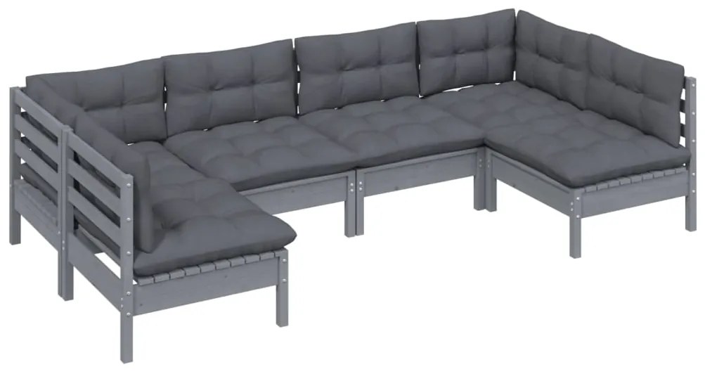 6 pcs conjunto lounge de jardim + almofadões pinho maciço cinza