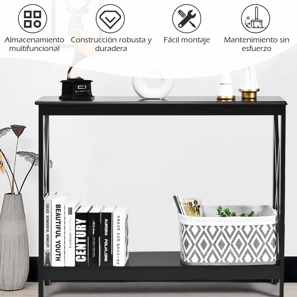 Mesa consola rústica com 2 níveis e prateleira em X para entrada, corredor e sala 100 x 30 x 80 cm preta