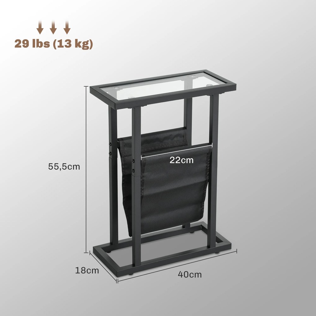 Mesa auxiliar estreita 40 x 18 x 55,5 cm, mesa de canto em metal com porta-revistas e tampo em vidro temperado, preta