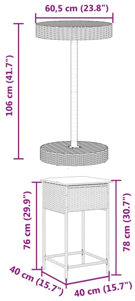 3 pcs conjunto de bar p/ jardim c/ almofadões vime PE cinzento