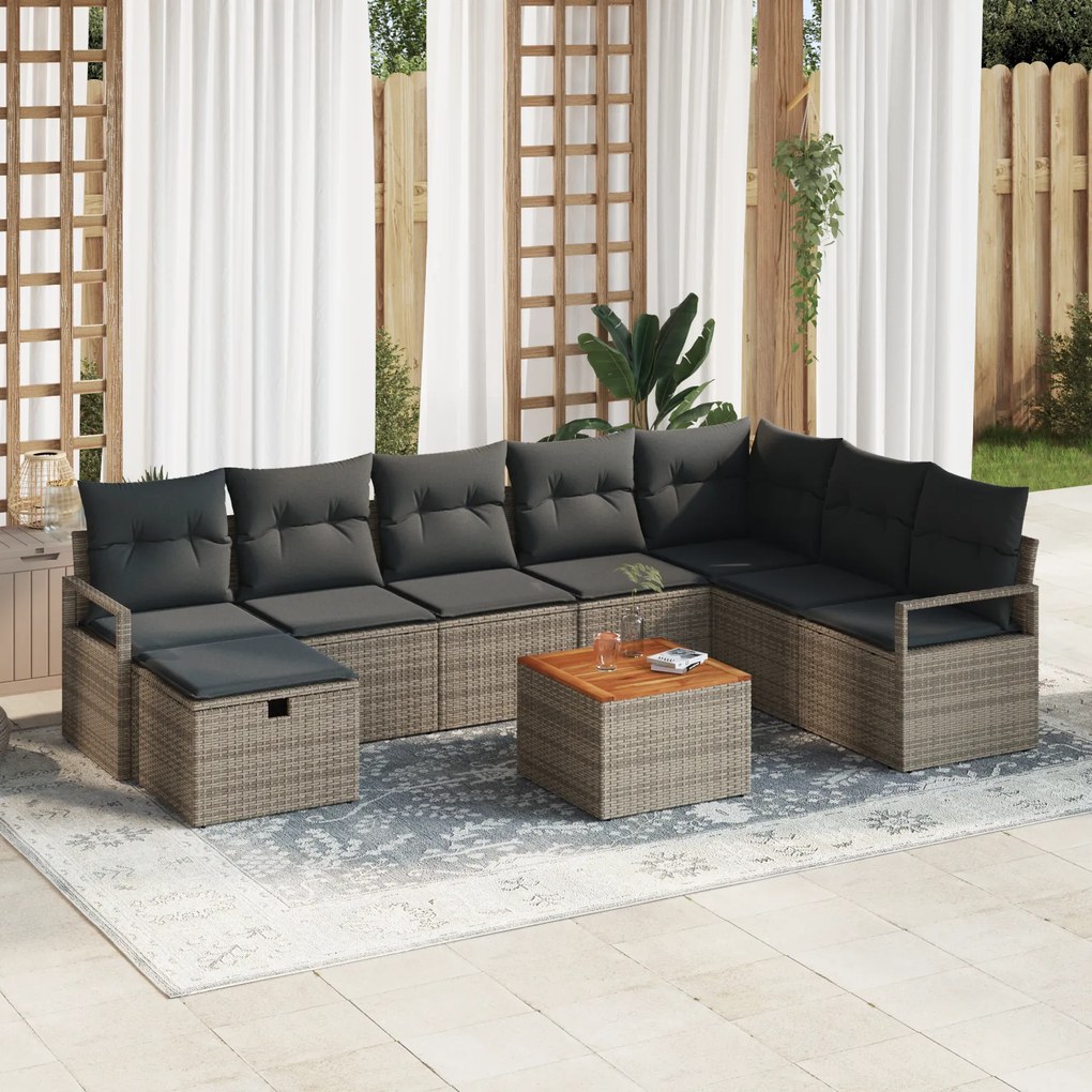Conjunto de Sofás de Jardim vidaXL 9 Peças com Almofadas Cinza Rattan