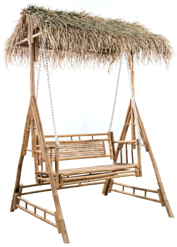 Banco baloiço 2 lug. bambu c/ folhas palmeira e almofadão 202cm