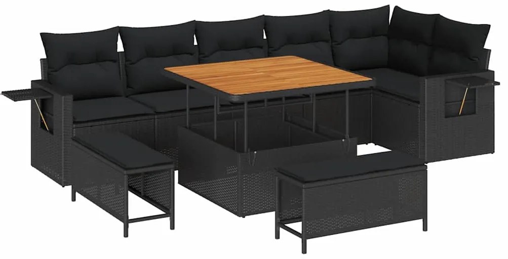 Conjunto de Sofá de Jardim vidaXL 9 Peças com Almofadas Preto Rattan A