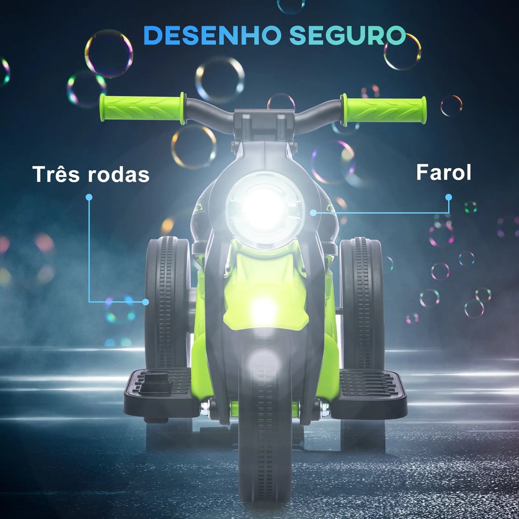 Mota Elétrica para Crianças Mota a Bateria 6V com Função de Bolhas Farol Música Motocicleta para Crianças com Velocidade 3km/h Carga 30 kg Verde