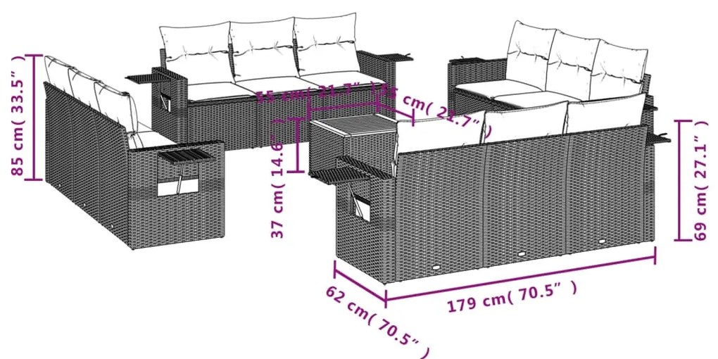 13 pcs conjunto sofás p/ jardim c/ almofadões vime PE cinzento