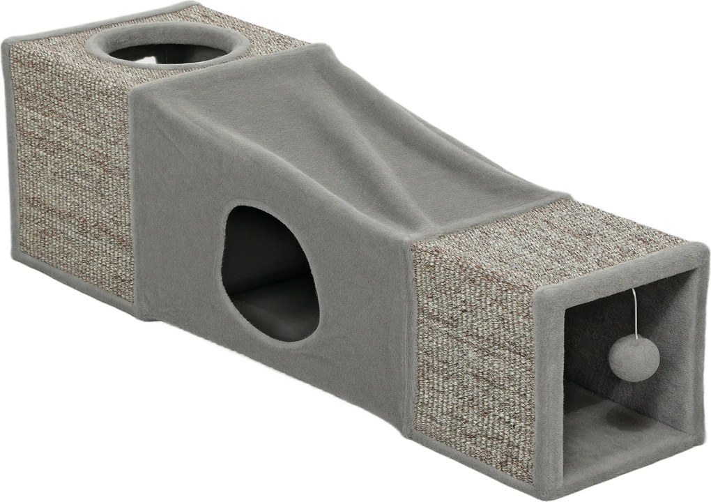 PawHut Túnel para Gatos de Interior Encaixável com Múltiplas Entradas, Tocas em Sisal e Bola Suspensa, 98x30x30 cm, Cinzento | Aosom Portugal