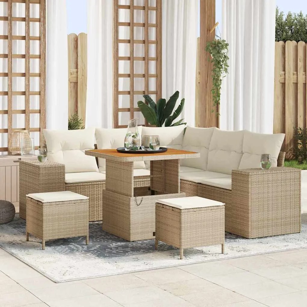 Conjunto de Sofá de Jardim vidaXL 8 Peças com Almofadas Bege em Vime e Acácia