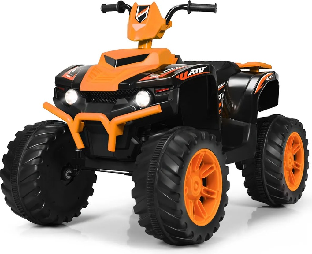 Moto 4 para crianças elétrica a bateria 12V Marcha à frente e atrás Velocidade alta e baixa com música Luzes LEDs Laranja
