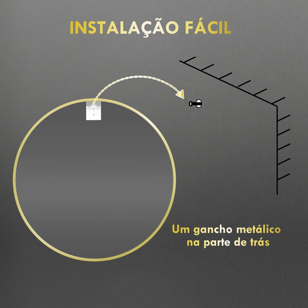 Espelho Casa de Banho Redondo Ø60 cm Espelho de Parede com Estrutura de Alumínio e Gancho para Sala Entrada Corredor Dourado