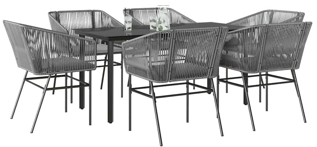 Conjunto jantar jardim 7 peças almofadas vidro vime cinzento PE