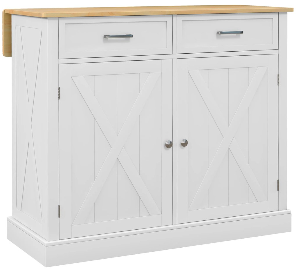 HOMCOM Ilha de Cozinha com Bancada de Madeira Dobrável 2 Portas 2 Gavetas Prateleira Ajustável e 4 Rodas 10x60x90,5 cm Branco e Madeira