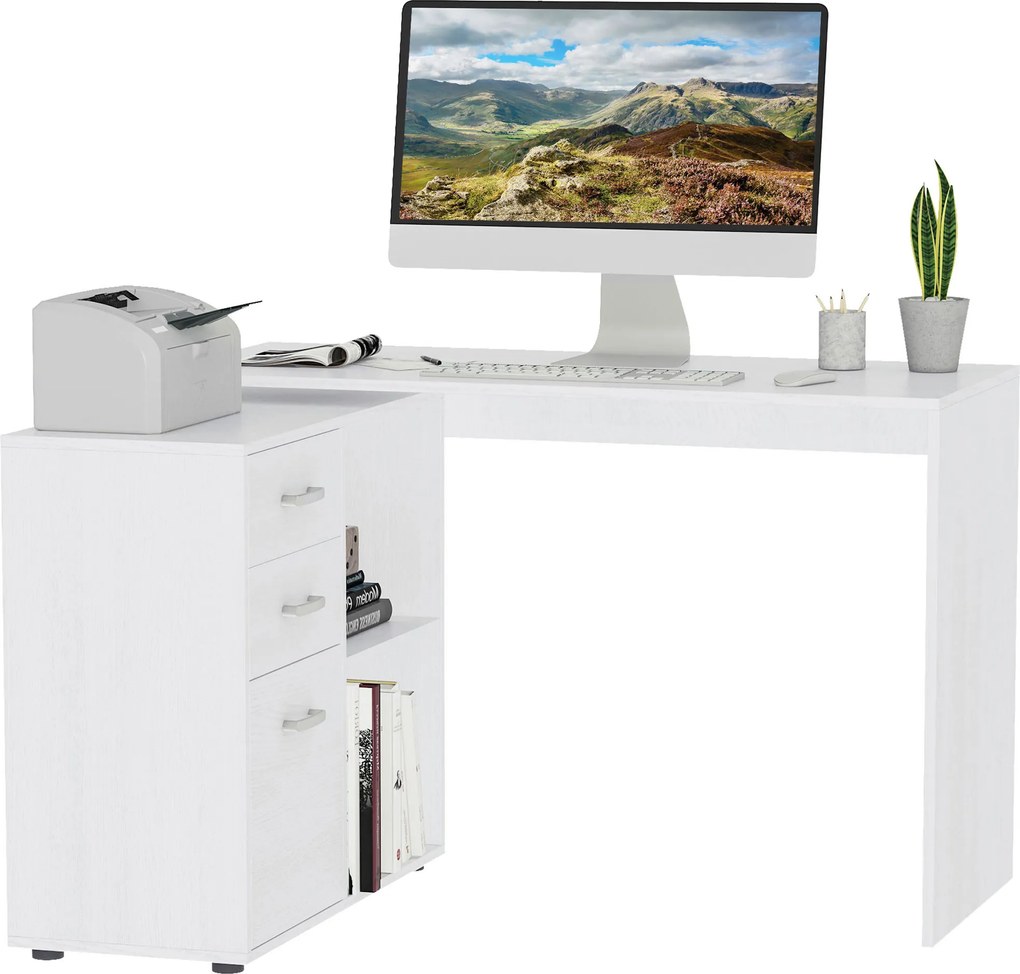 Secretária de canto, secretária reta modular, mesa de jantar 2 em 1, secretária para computador, 3 gavetas + 2 compartimentos abertos