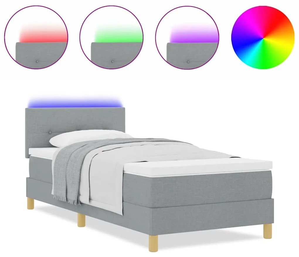 Cama Box Spring com Colchão &amp; LED Cinza Claro 80x200 cm Tecido