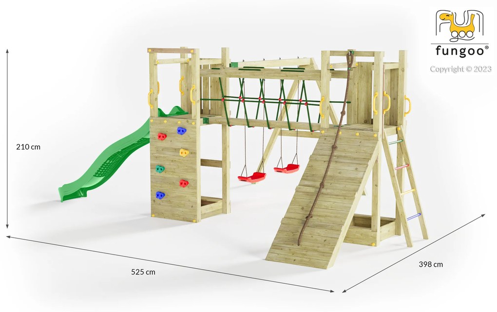 Parque infantil Crianças Exterior Maxi Funny Exposure KDI Com Escorrega, 2 Baloiços, rampa com corda de escalada, caixa de areia, parede de escalada