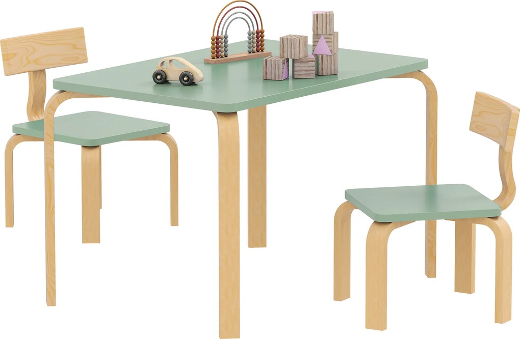 Mesa infantil com cadeiras, conjunto composto por uma mesa e duas cadeiras infantis de madeira para desenhar, brincar e estudar, 78 x 53 x 53 cm, verd