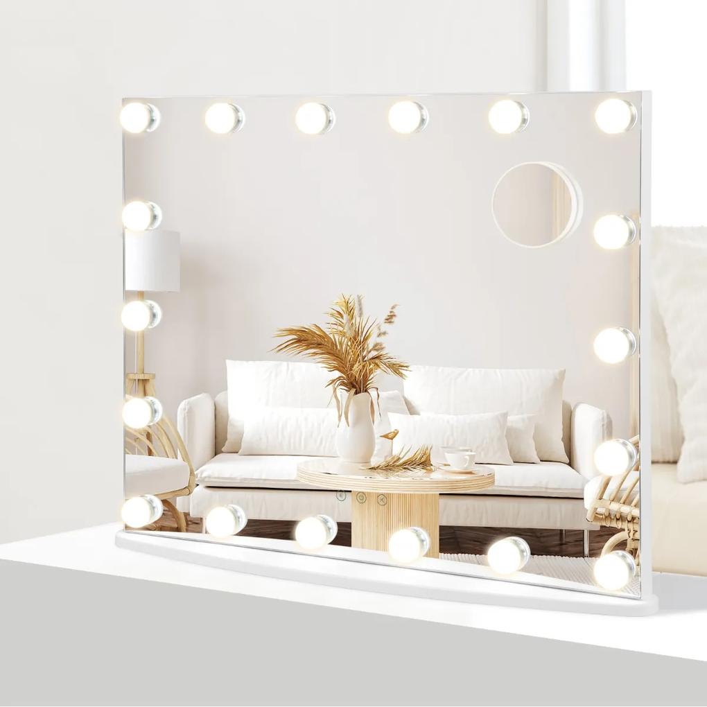 Espelho de maquilhagem com 18 lâmpadas LED reguláveis ​​Iluminadas de mesa e espelho de maquilhagem de parede 65 x 14 x 52,5 cm Branco