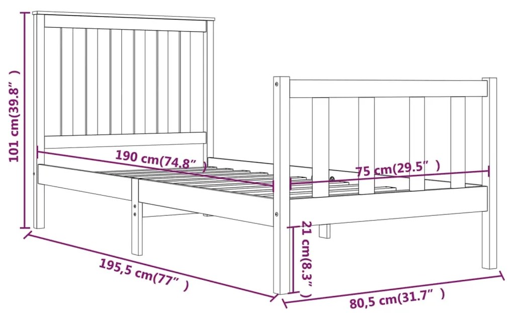 Estrutura de cama pequena solteiro 75x190cm pinho maciço branco
