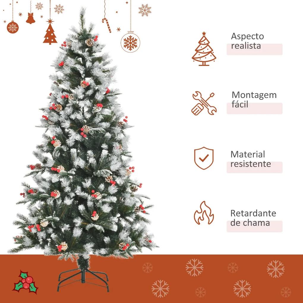 Árvore de Natal Artificial 180cm com 678 Ramas 53 Pinhas e 53 Frutinhas Folhas de PVC PE Base Dobrável e Suporte Metálico Decoração de Natal para Inte