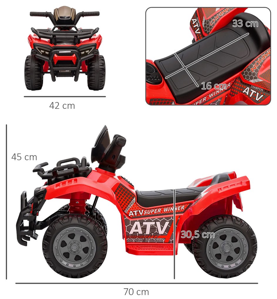 Moto 4 Elétrico para Crianças Veículo Elétrico a Bateria 6V Infantil com Velocidade 2km/h 70x42x45 cm Vermelho