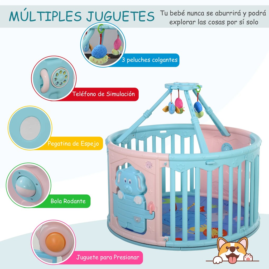 HOMCOM Parque infantil redondo Parque infantil de segurança para bebês Berço com Tapete Brinquedos divertidos Trava Dupla Altura 65,5 cm rosa e azul