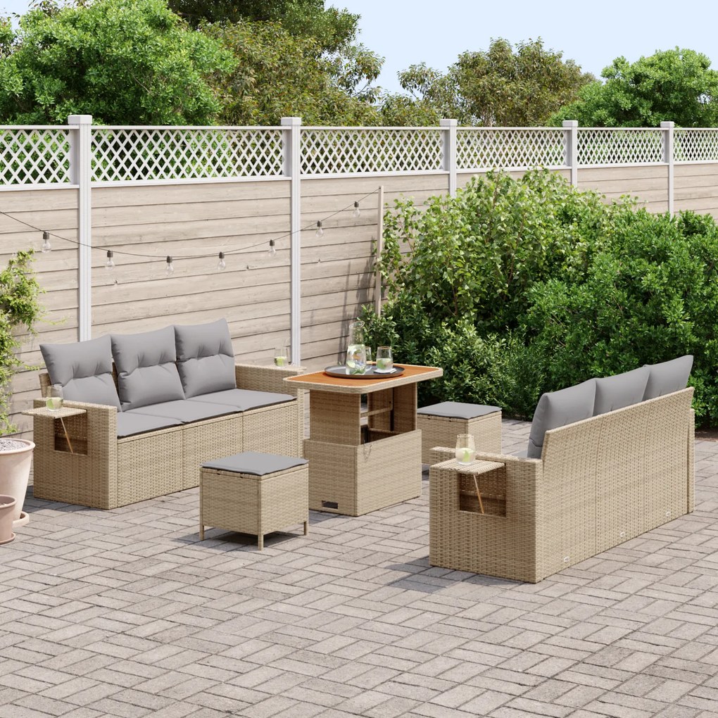 Conjunto de Sofá de Jardim vidaXL 9 Peças com Almofadas Bege Rattan Po
