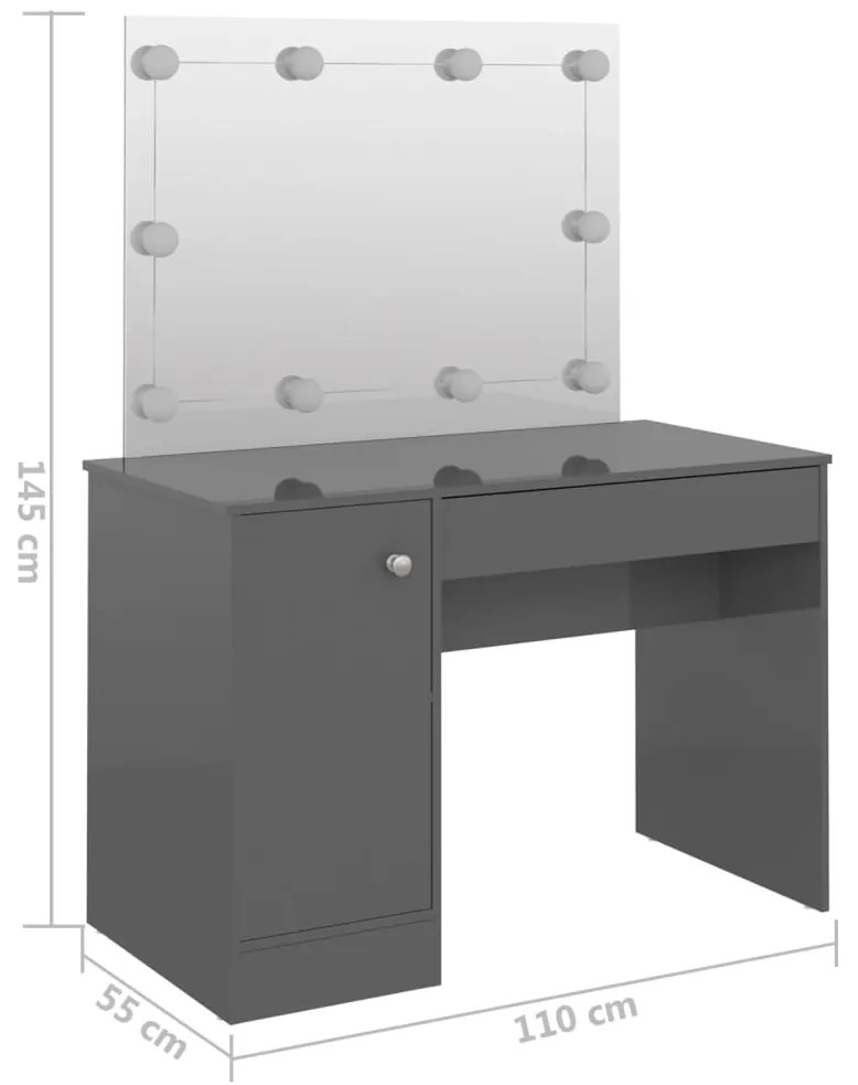 Mesa de maquilhagem c/ LEDs 110x55x145 cm MDF cinza brilhante