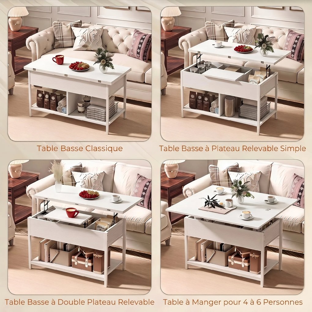 Mesa de centro 98 x 49 x 55 cm elevável e extensível, com compartimento oculto e prateleiras abertas, branca
