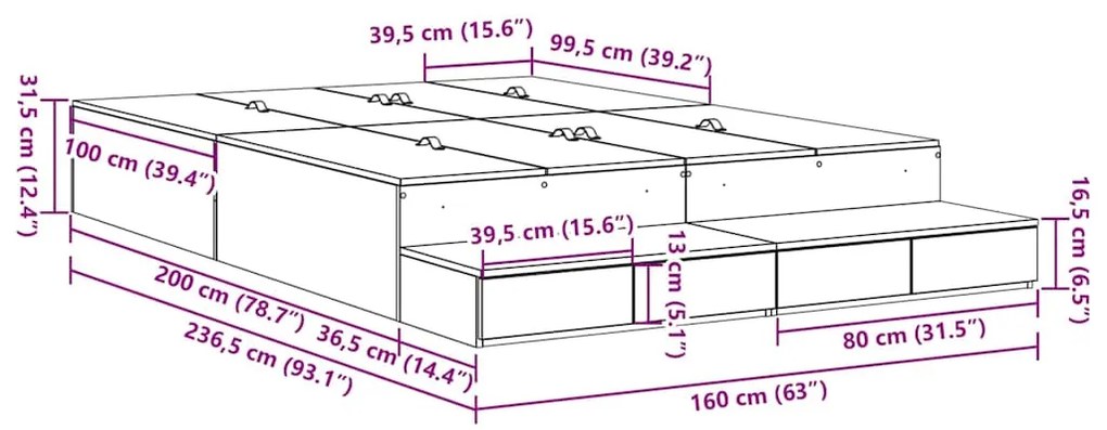 Estrado de Cama com Arrumação em Carvalho Preto 160x200 cm