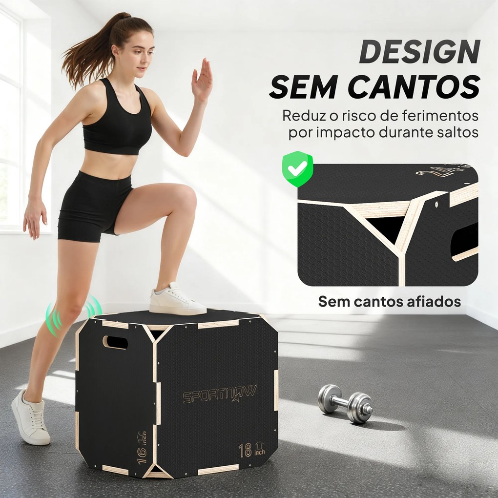 Caixa Pliométrica de Madeira com 3 Alturas Diferentes para Treino de Salto Força em Casa Ginásio e Exterior 51x47,5x40,5 cm Preto