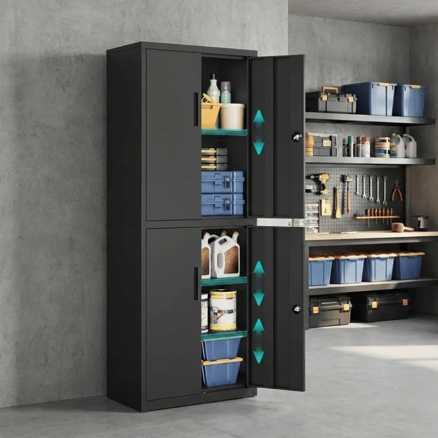 Armário arrumação 40 x 60 x 180 cm versátil em aço com 4 portas e 5 prateleiras Preto mate