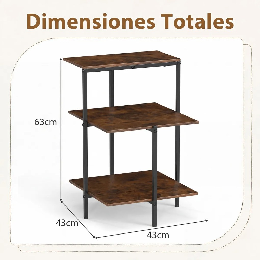 Mesa apoio industrial de 3 prateleiras, quadrada, com prateleiras abertas e estrutura metálica, para sala, quarto e espaços pequenos, em castanho rúst
