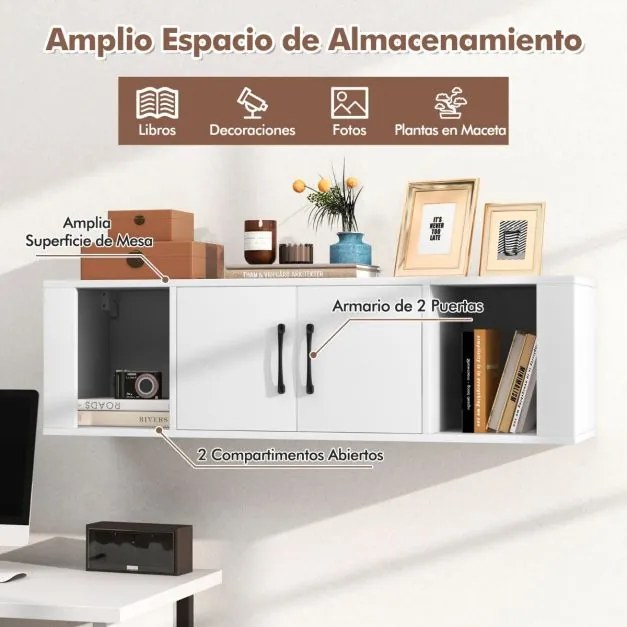 Armário suspenso para TV de 2 portas  108 x 33 x 30,5 cm com 2 cubos Consola de arrumação branco