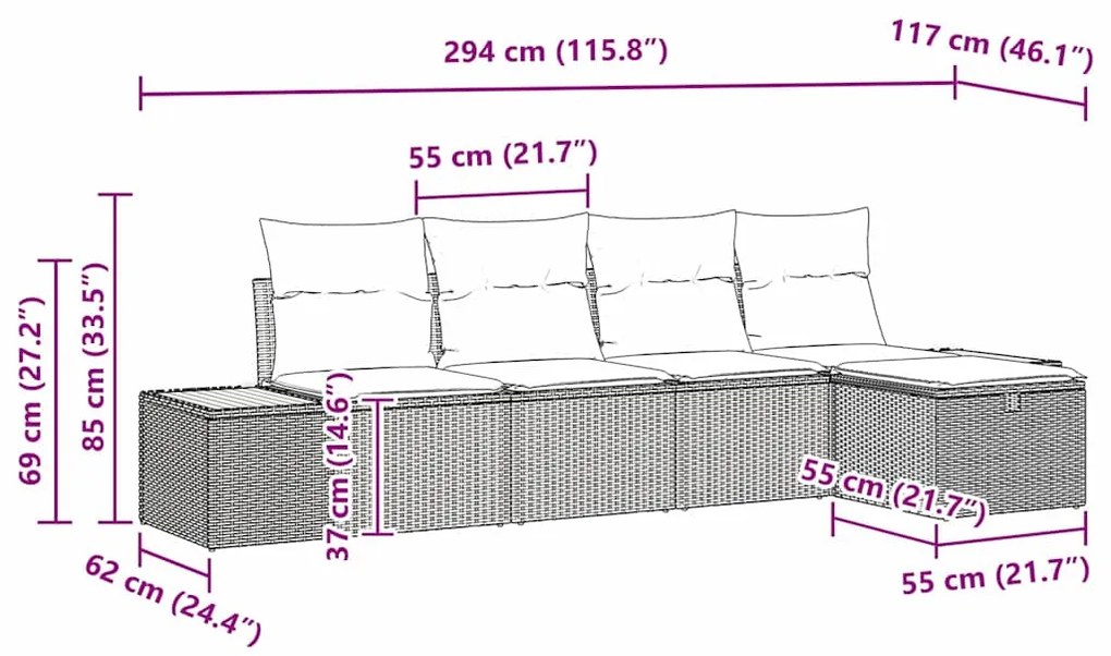 Conjunto de Sofá de Jardim 5 Peças com Almofadas Pretas em Rattan Sint