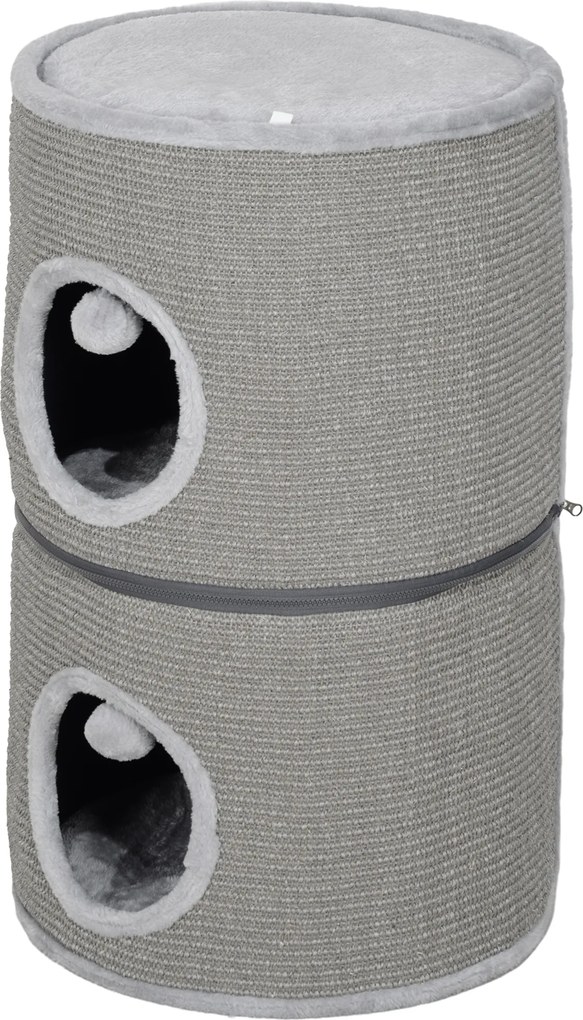 Cama para gatos modular em forma de barril com arranhador, com fecho de correr, separável, 3 níveis e duas bolas, Ø 42 x 69 cm (altura), cinzento