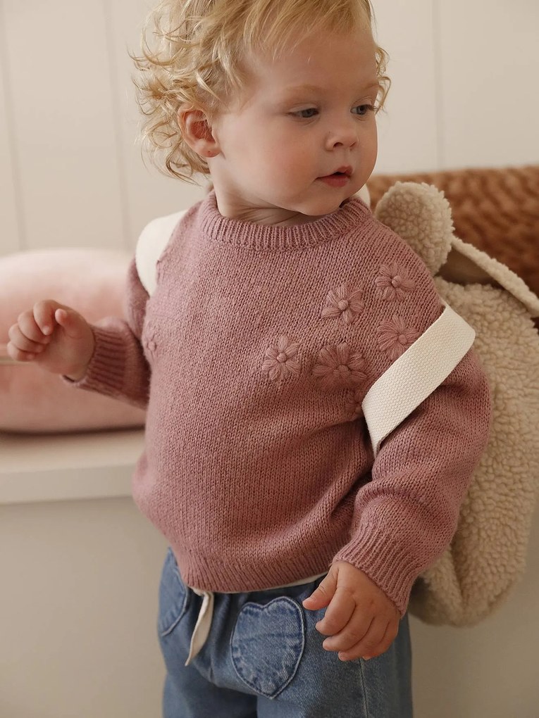 Camisola em tricô com flores bordadas, para bebé rosa
