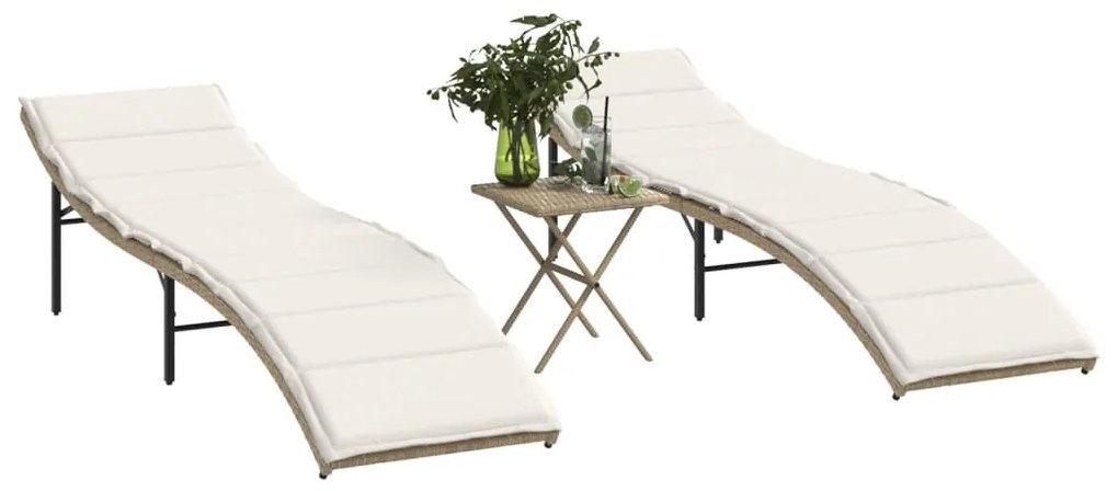 vidaXL Espreguiçadeiras com mesa 2 pcs vime PE bege