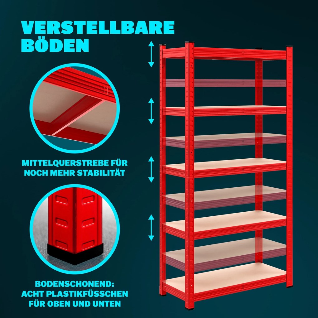 Conjunto de 2 estantes para cargas pesadas até 875 kg, 180 x 90 x 40 cm Vermelho
