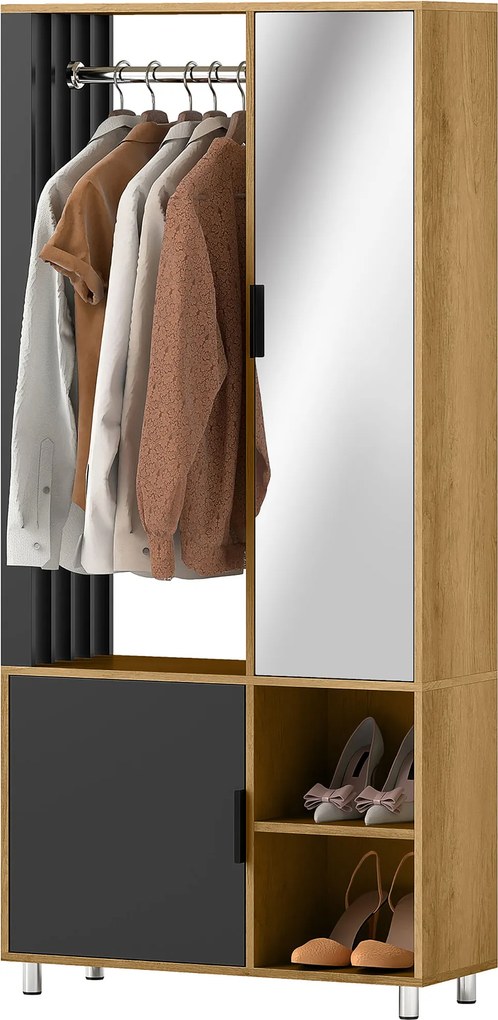 Guarda Roupa de quarto com espelho, compartimentos abertos, armário embutido e barra para pendurar roupa, 80 x 30 x 170 cm, cor madeira natural, preto