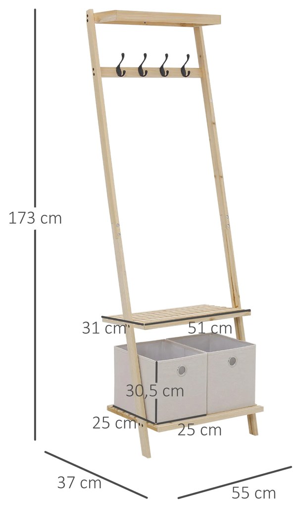 Cabide Sapateiro de Madeira de Parede com 3 Prateleiras 2 Gavetas de Tecido e 4 Ganchos para Pendurar Roupas Bolsas para Entrada Dormitório 55x37x173c