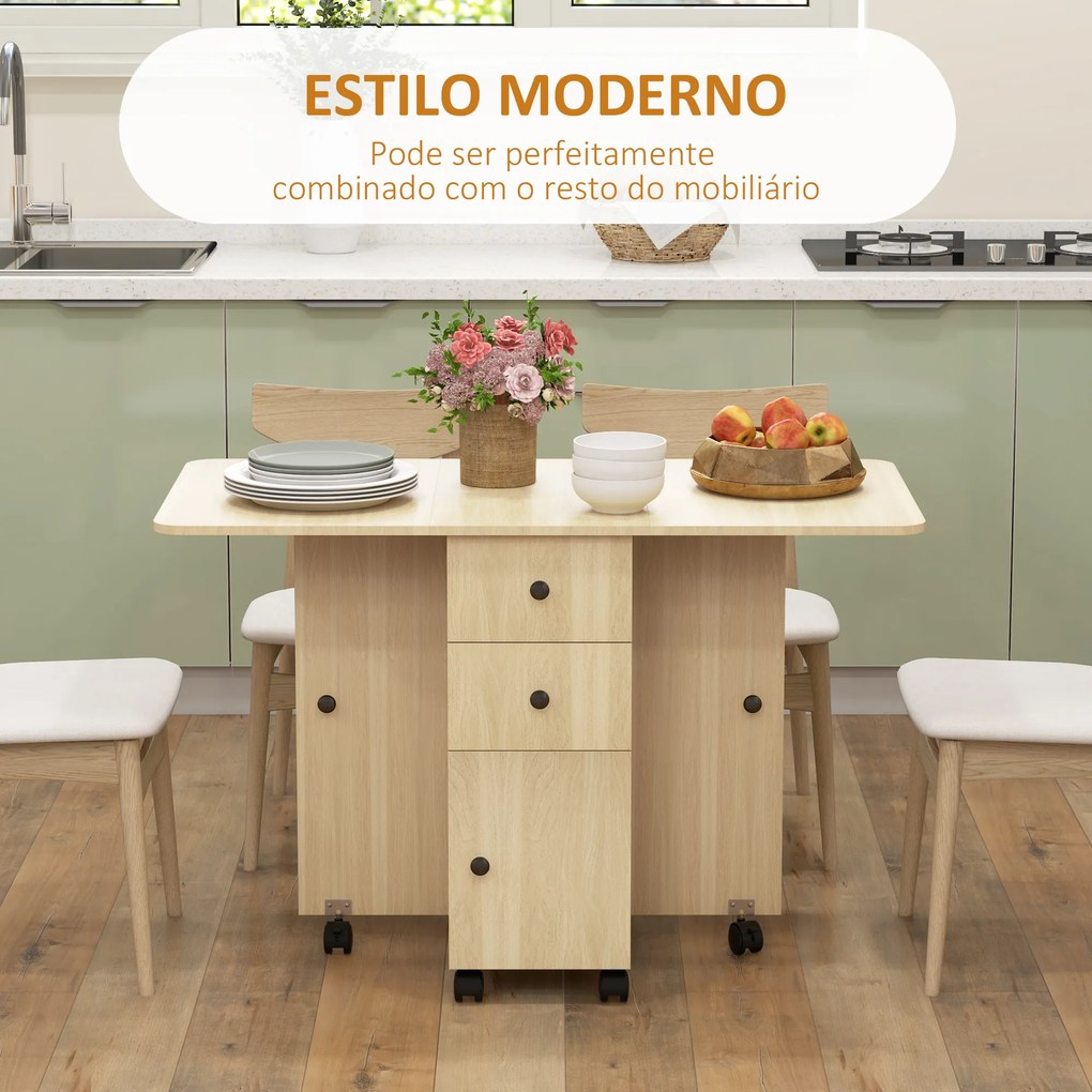 Mesa de Jantar Dobrável com Rodas (CADEIRAS NÃO INCLUIDAS) Mesa Abatível com 2 Gavetas e Armário Mesa Auxiliar Multifuncional 120x60x76,5 cm Madeira