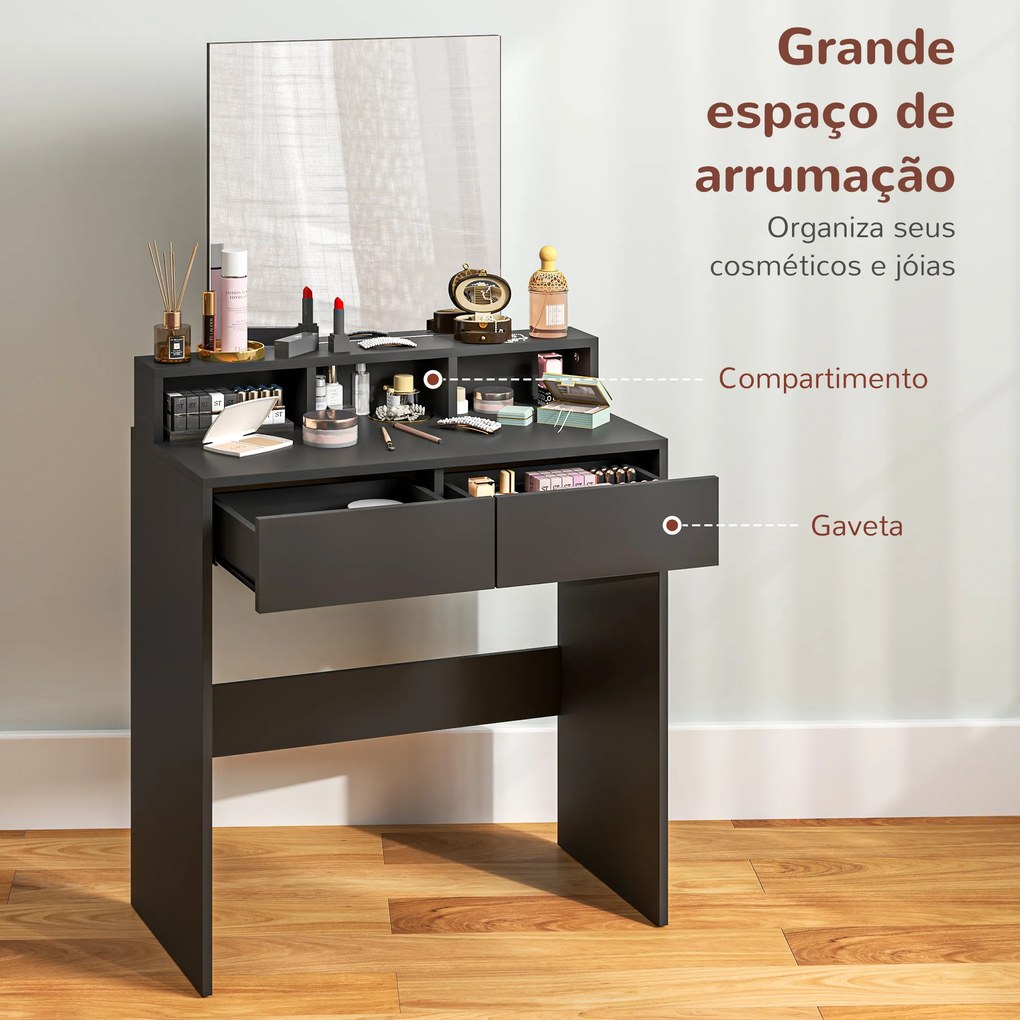 Toucador de Maquilhagem com Espelho Toucador com 2 Gavetas 3 Compartimentos Toucador para Dormitório 75x38x135 cm Preto